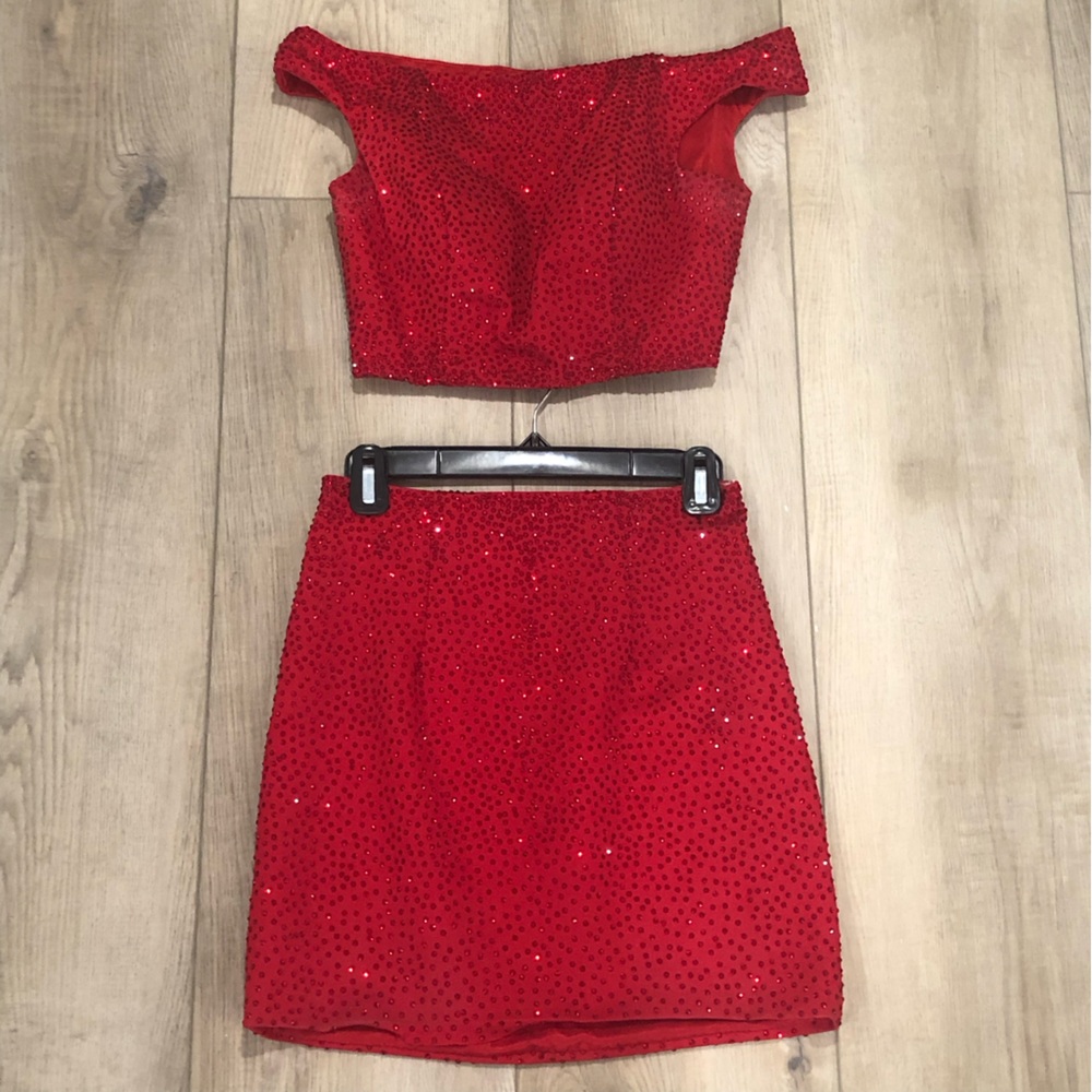 Two piece embellished red cocktail dress